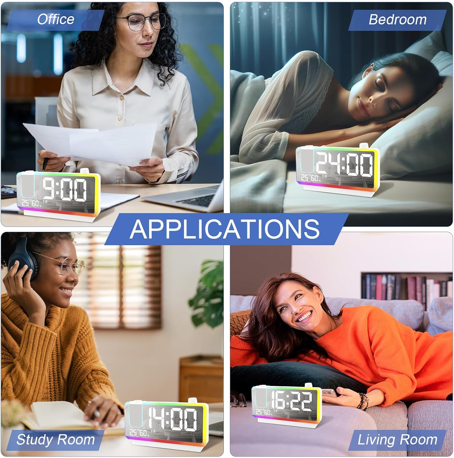 Vier Anwendungen: Büro, Schlafzimmer, Arbeitszimmer, Wohnzimmer mit Digitaluhr.
