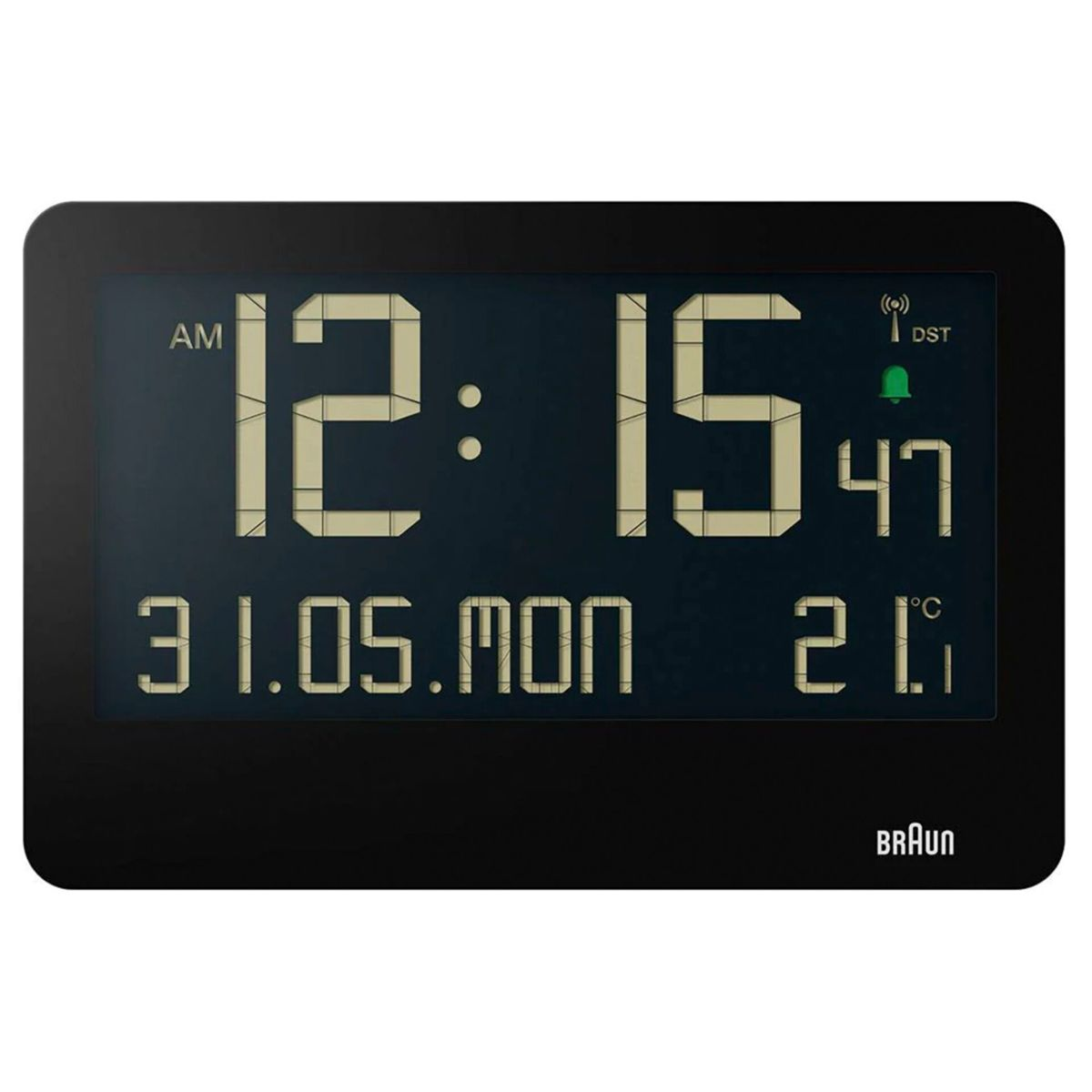 Digitaluhr zeigt 12:15 Uhr, 31.05.Mo, 21°C, 47% Luftfeuchtigkeit.