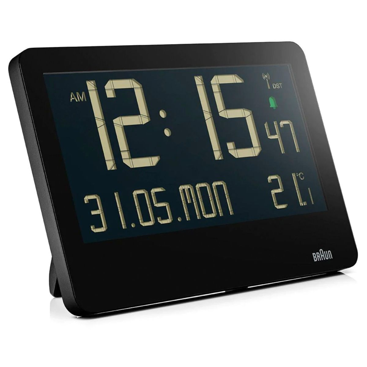Schwarzer Digitalwecker zeigt 12:15 Uhr, 31.05. Mo, 21°C.