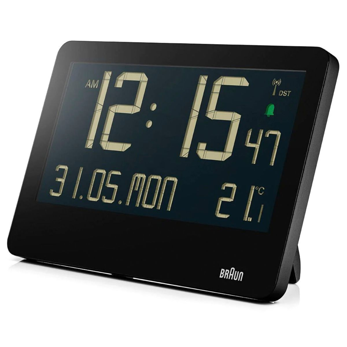 Eine schwarze Digitaluhr zeigt 12:15 Uhr, 31. Mai, Montag, 21°C und DST-Signal.