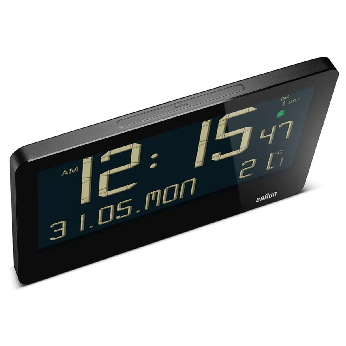 Digitaluhr zeigt 12:15 Uhr, 31. Mai, 20 Grad Celsius und DST.