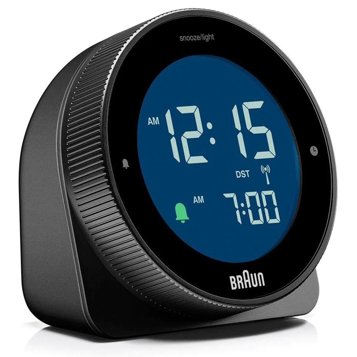 Digitaler Braun Wecker mit blauer Anzeige zeigt 12:15 und 7:00.