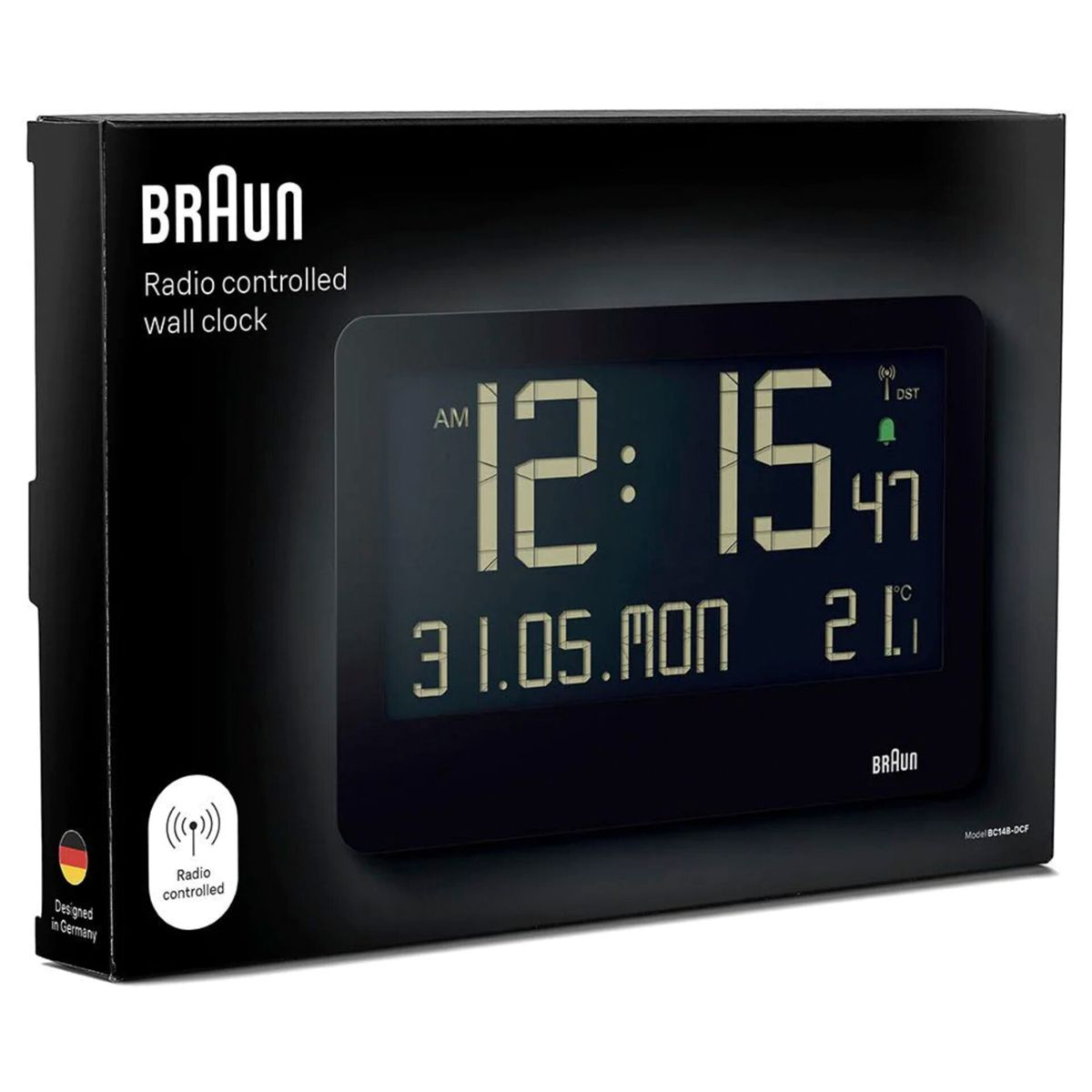 Verpackung einer Braun Funkwanduhr mit digitaler Anzeige von Zeit, Datum und Temperatur.