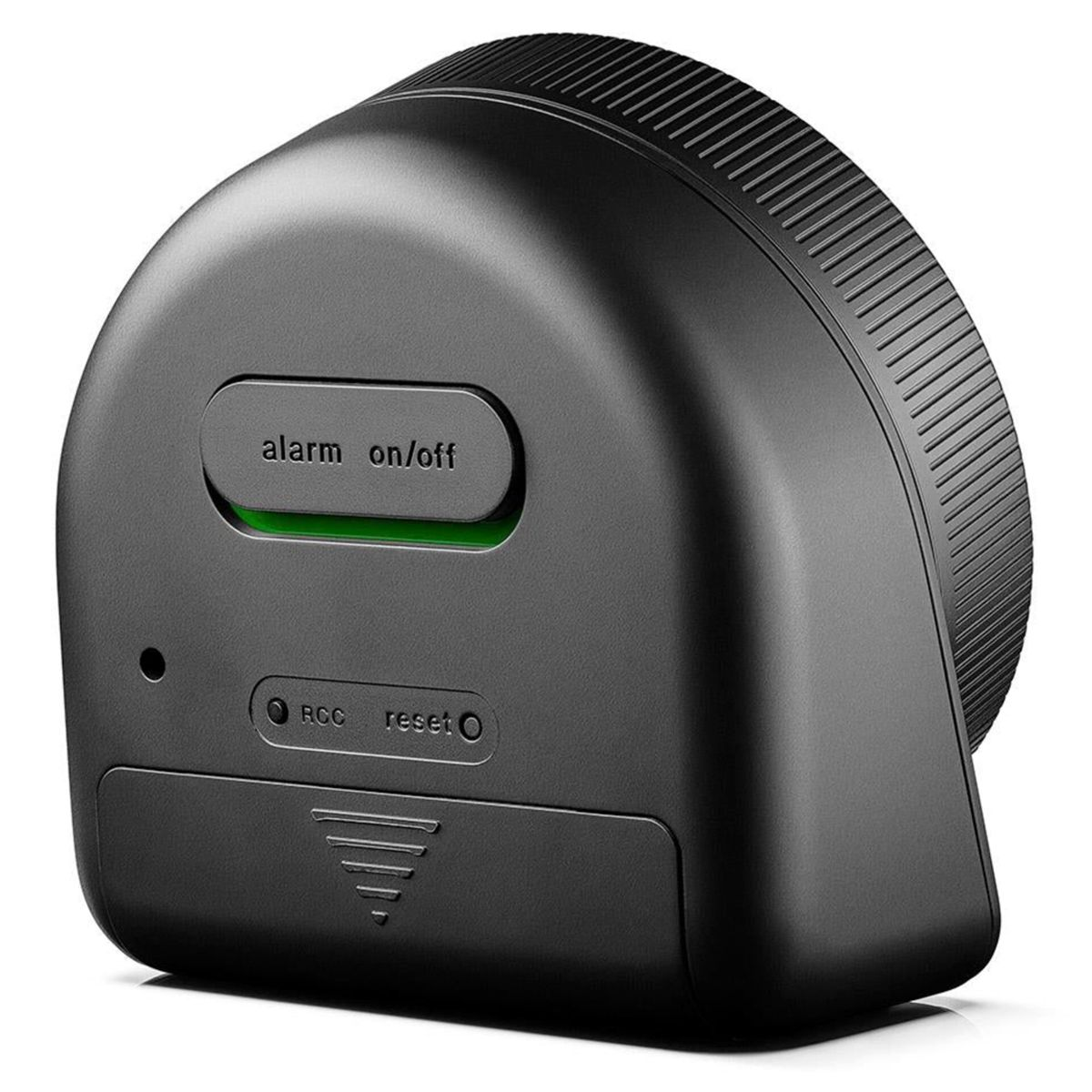 Schwarzer Wecker mit grünem Ein-/Aus-Alarmknopf und Reset-Knopf.
