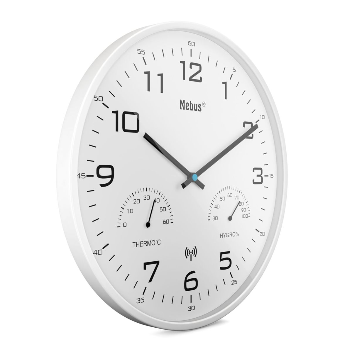 Eine weiße Wanduhr mit Thermometer und Hygrometer.