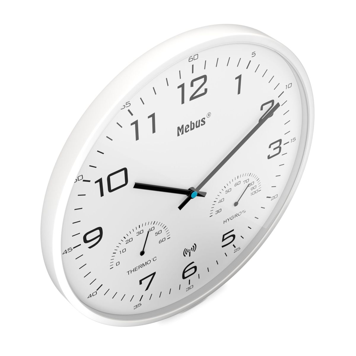 Eine weiße Wanduhr mit schwarzen Ziffern, Zeigern und zwei Messgeräten.