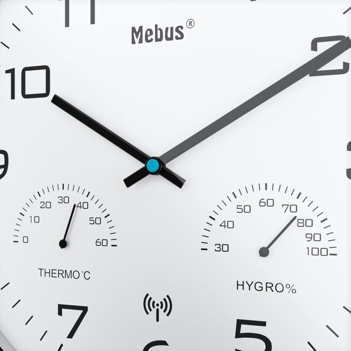 Ein weißes Mebus-Wetterstation-Zifferblatt mit Thermometer und Hygrometer.