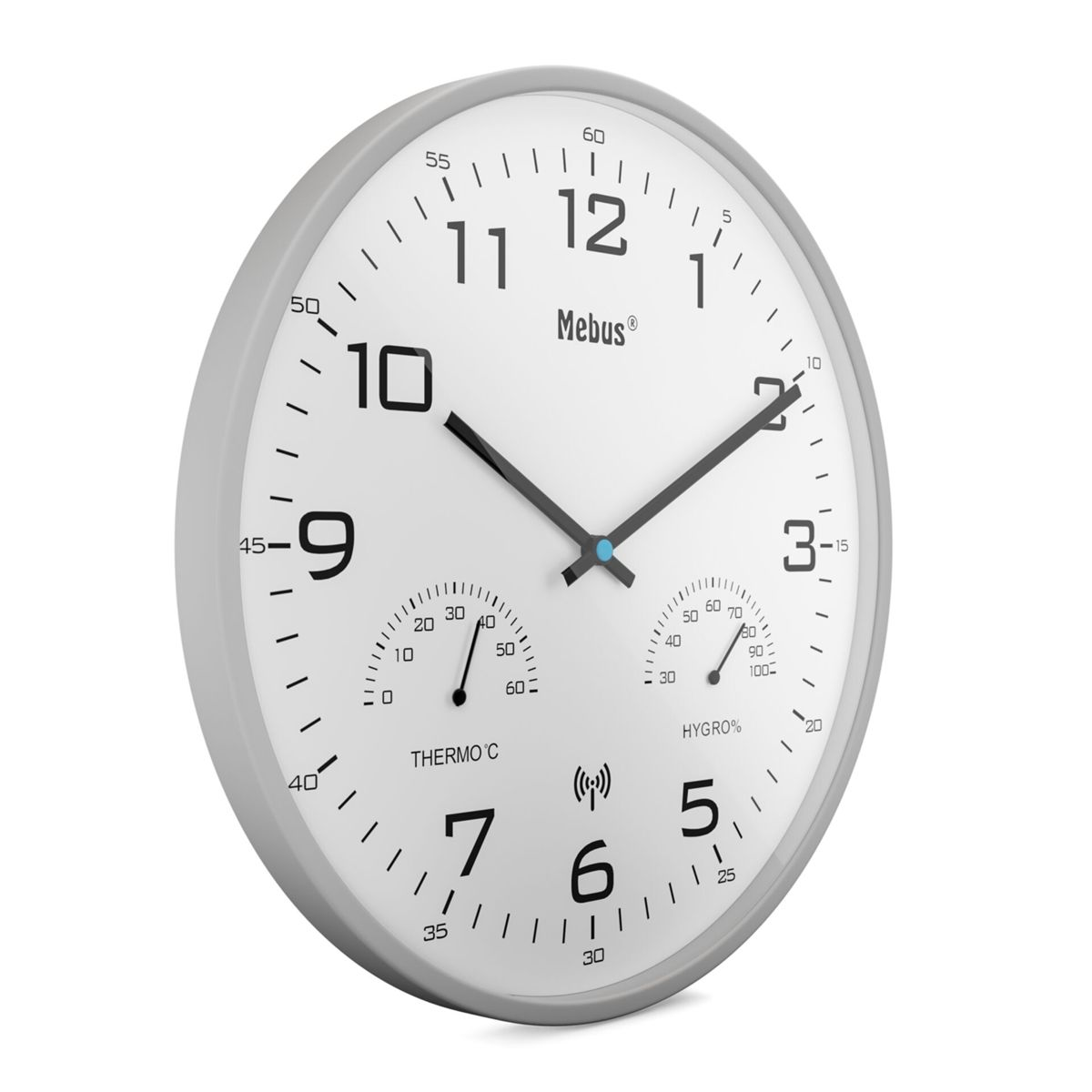 Eine graue Wanduhr mit Mebus-Logo, Thermometer und Hygrometer.