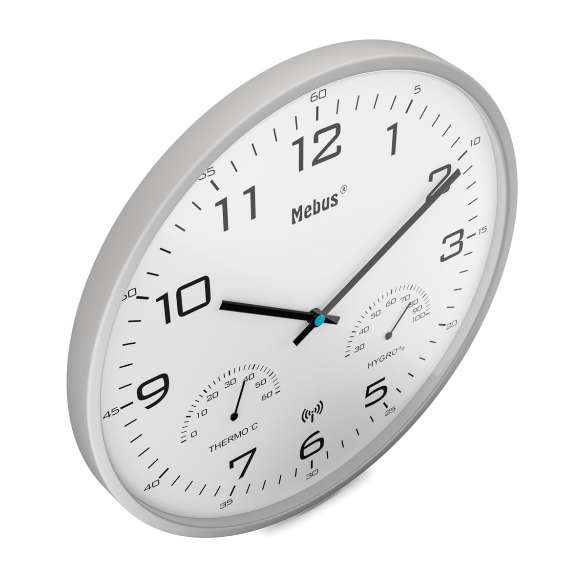 Eine Wanduhr mit Thermometer und Hygrometer auf weißem Hintergrund.