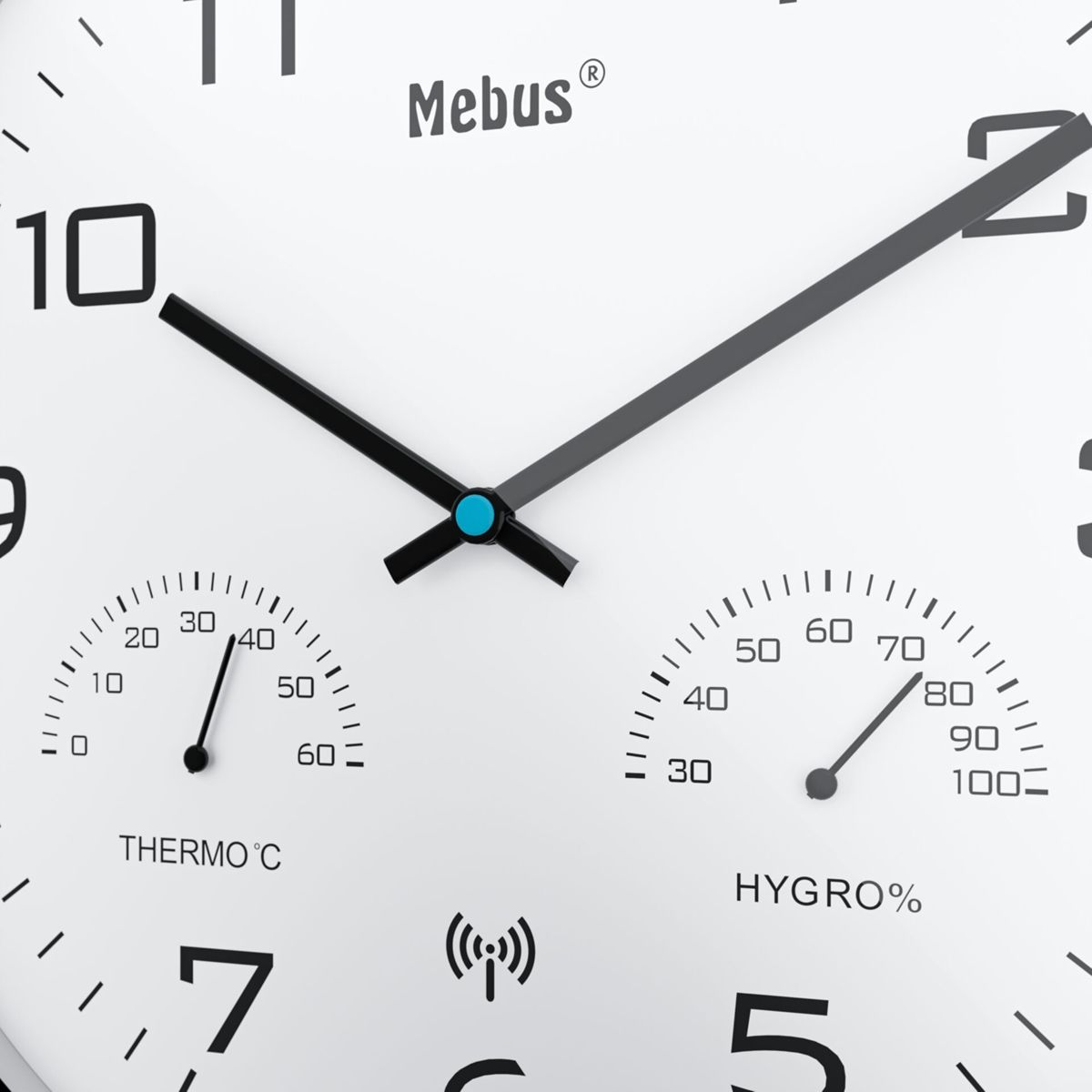 Eine Mebus-Uhr mit Thermometer und Hygrometer. Zeiger bei 10 und 40.