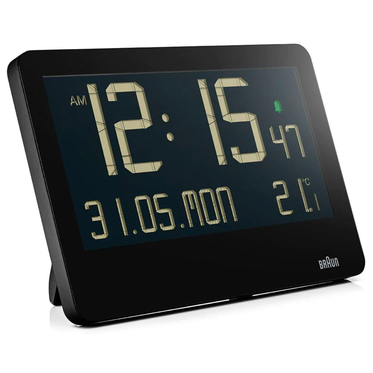 Ein schwarzer digitaler Wecker zeigt 12:15 AM, 31.05.MON und 21°C an.