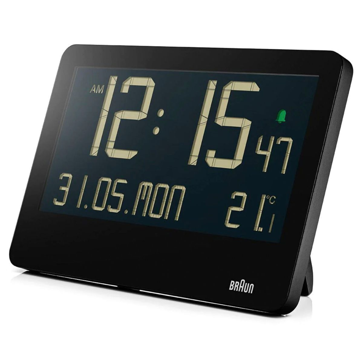 Schwarzer Braun Digitalwecker zeigt 12:15 Uhr, 31.05.Mon, 21°C.