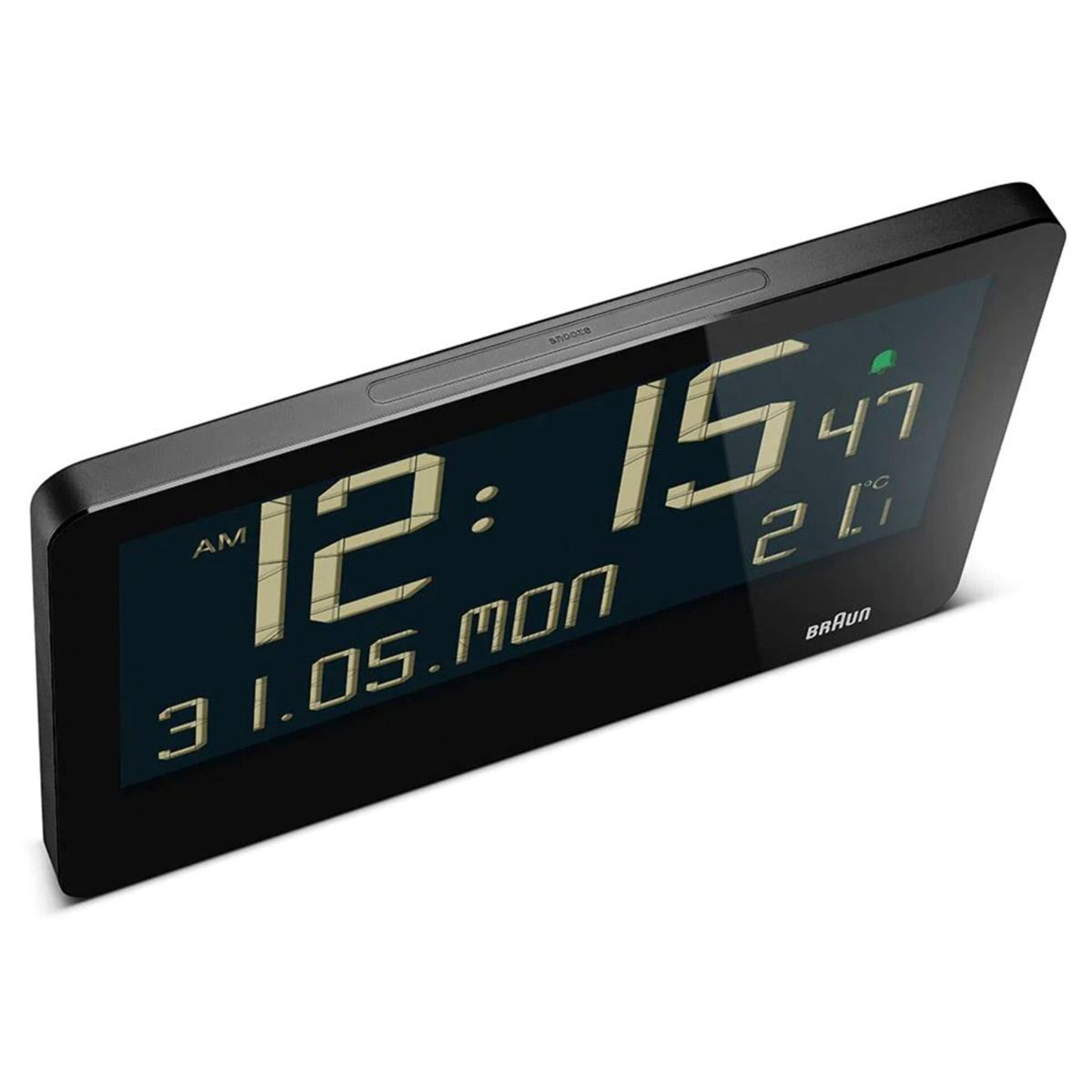 Schwarzer digitaler Braun-Wecker zeigt 12:15 Uhr, 31. Mai, 21°C und Snooze-Taste.