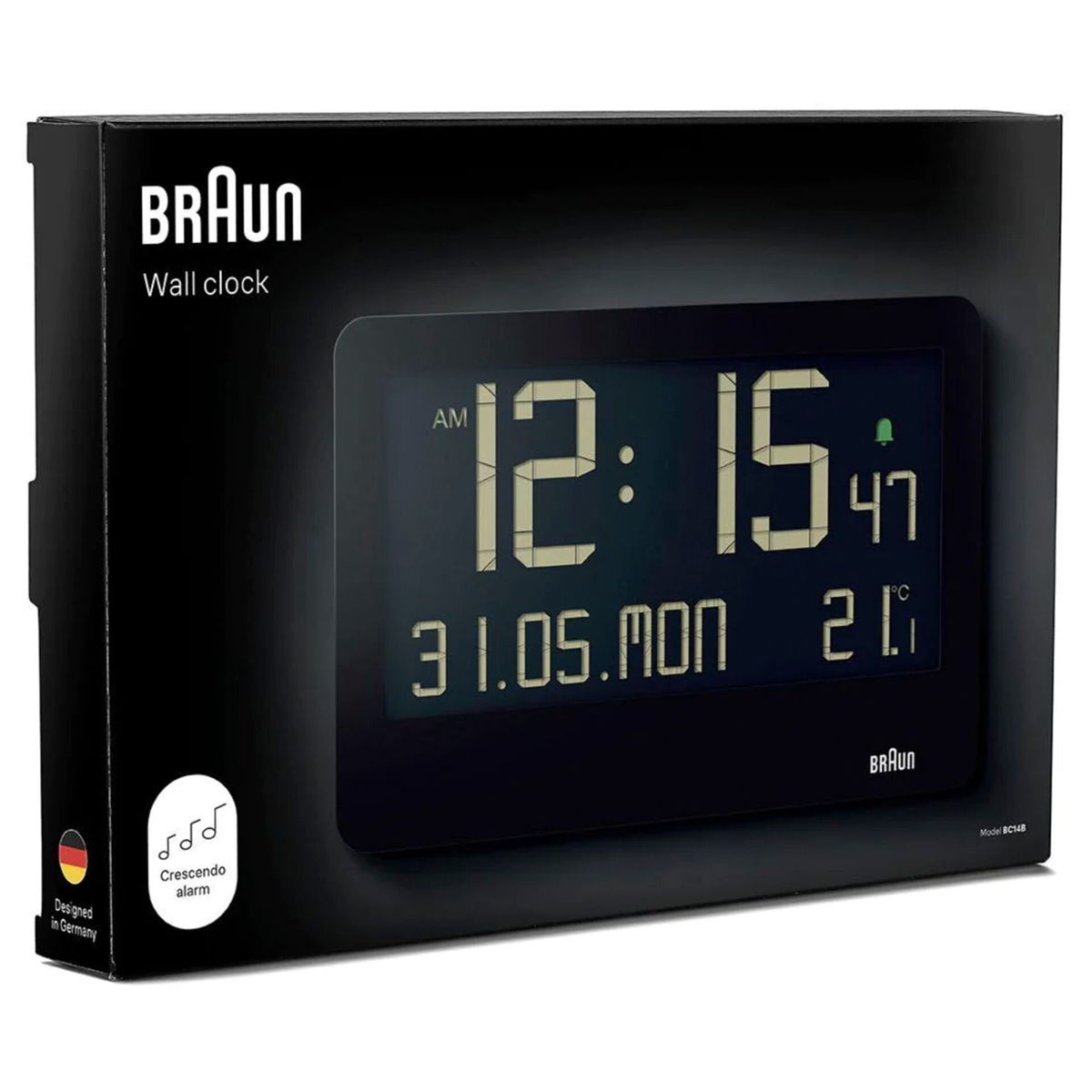 Braun Wanduhr auf schwarzer Verpackung mit digitaler Anzeige von Zeit und Datum.