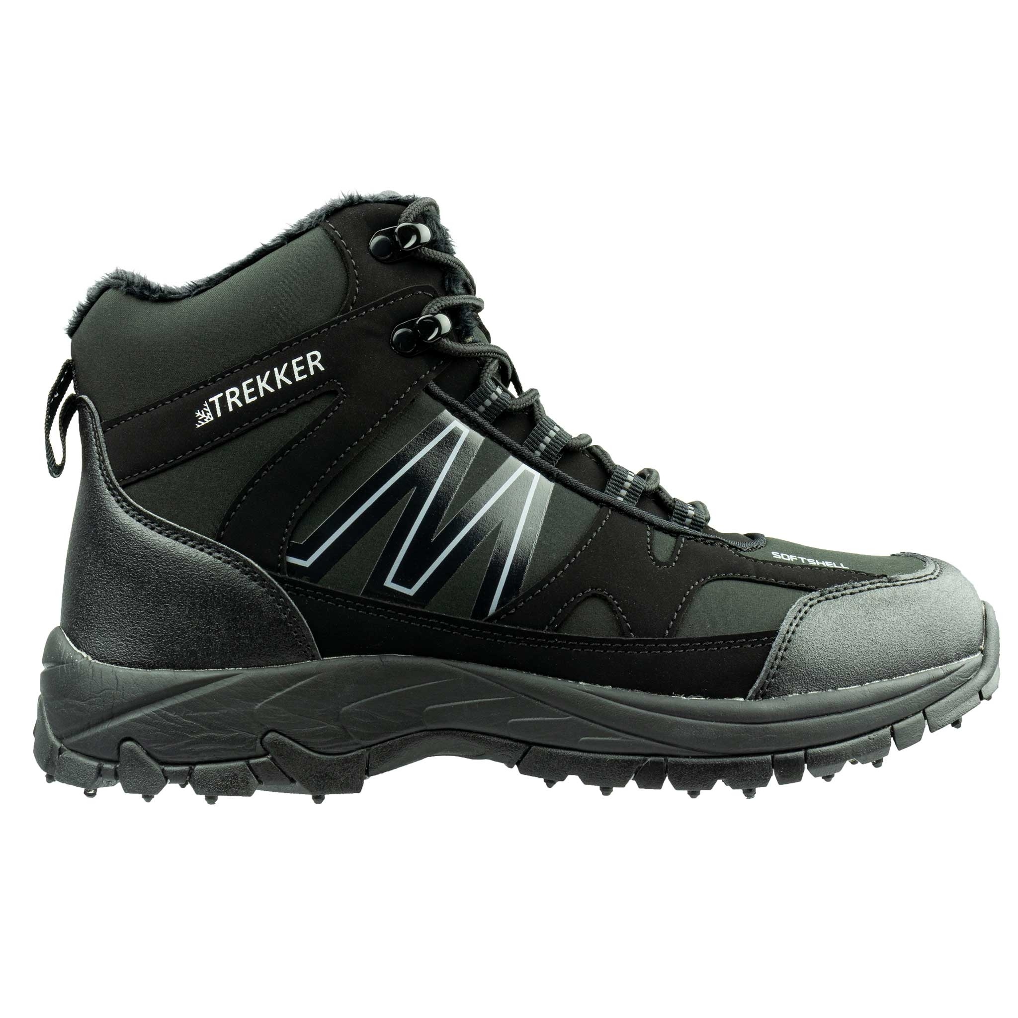 Schwarzer, knöchelhoher Wanderschuh mit Schnürung und "TREKKER"-Logo.