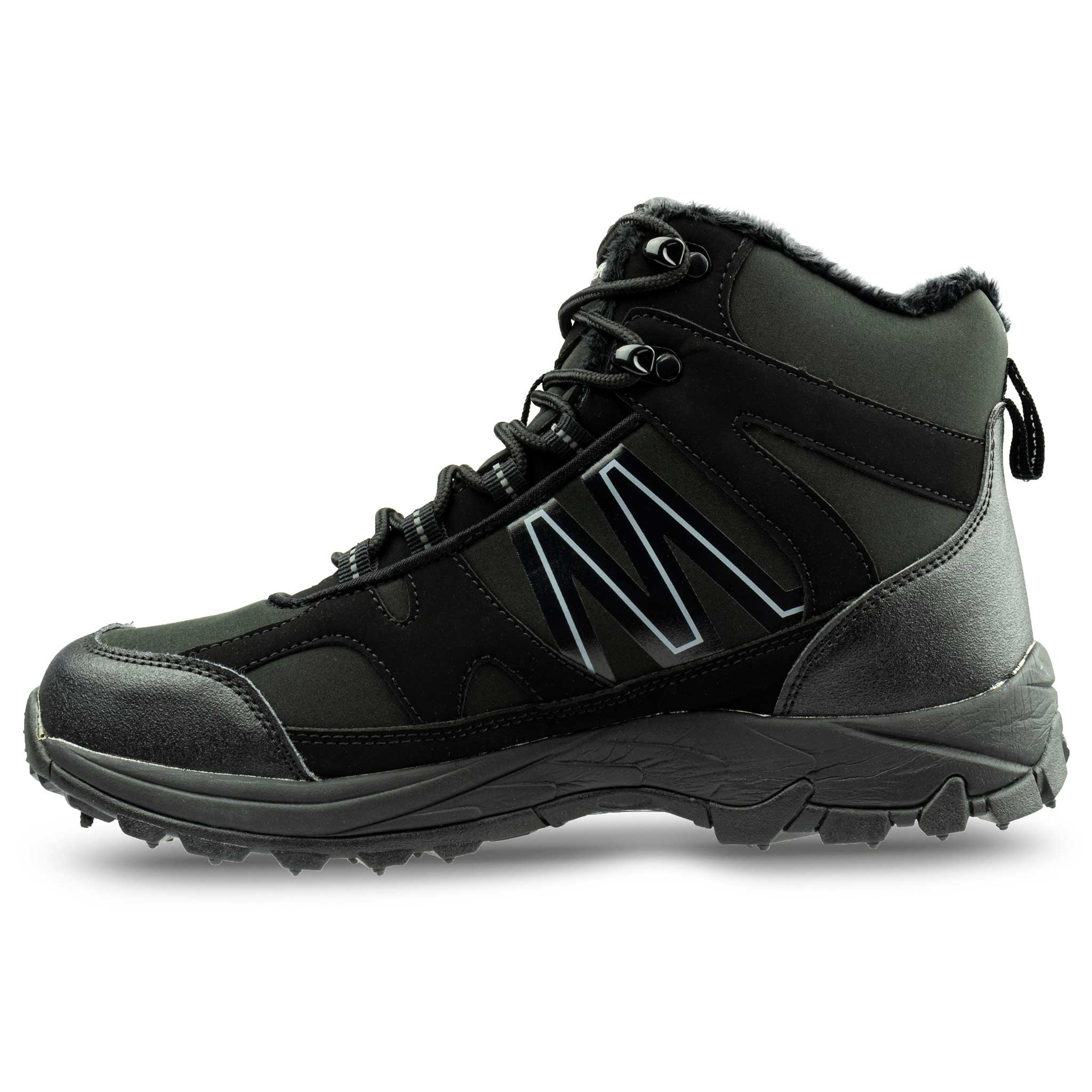 Schwarzer Winterstiefel mit Schnürsenkeln und Fellfutter. Modisches Design.