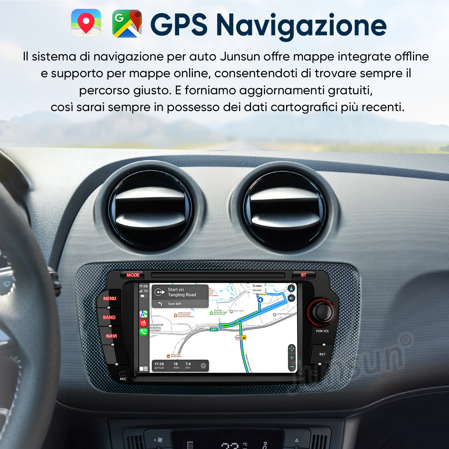 Cruscotto auto con sistema di navigazione GPS che mostra mappe offline e online.