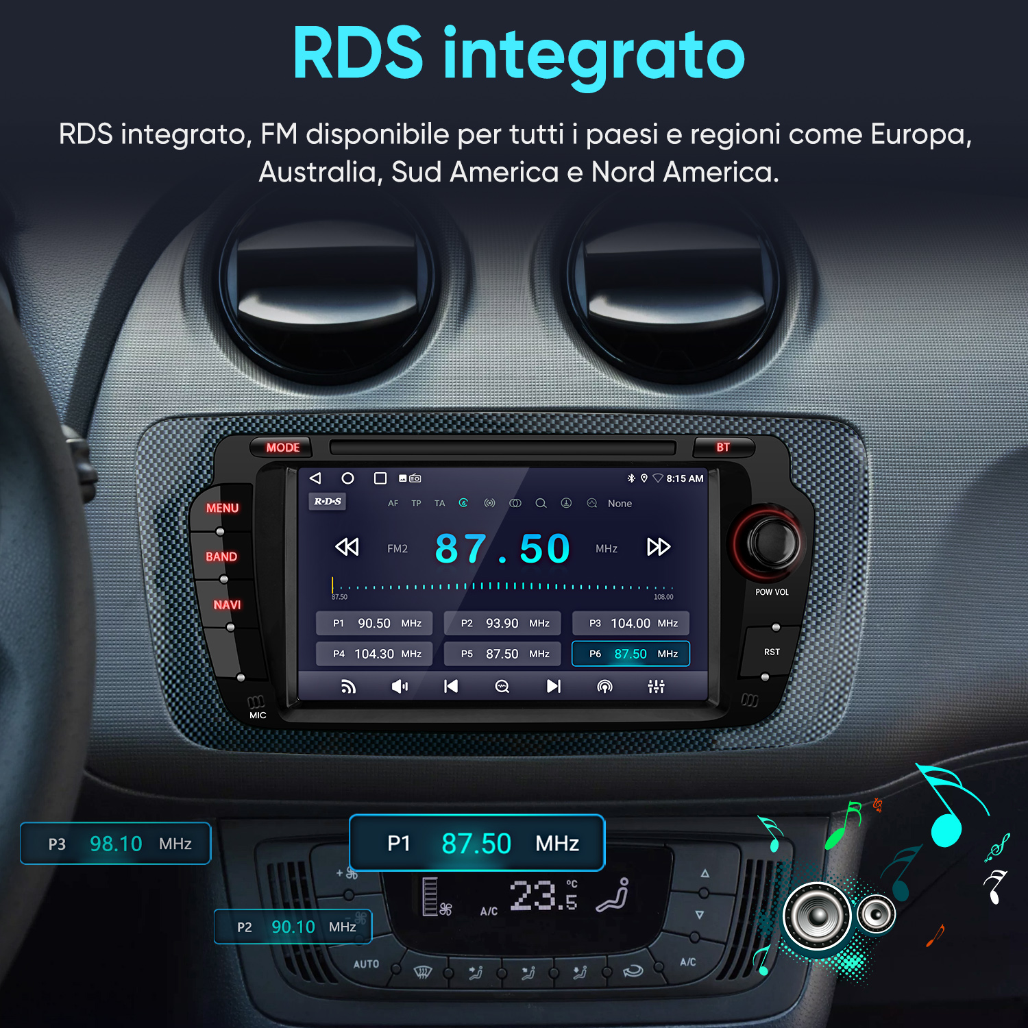 Autoradio con display RDS, mostra 87.50 MHz e varie stazioni.