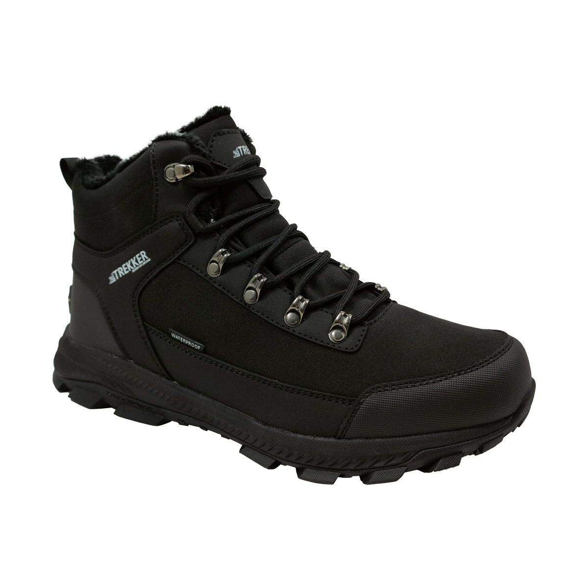 Schwarzer wasserdichter Trekker-Wanderschuh mit Fellfutter und schwarzen Schnürsenkeln.