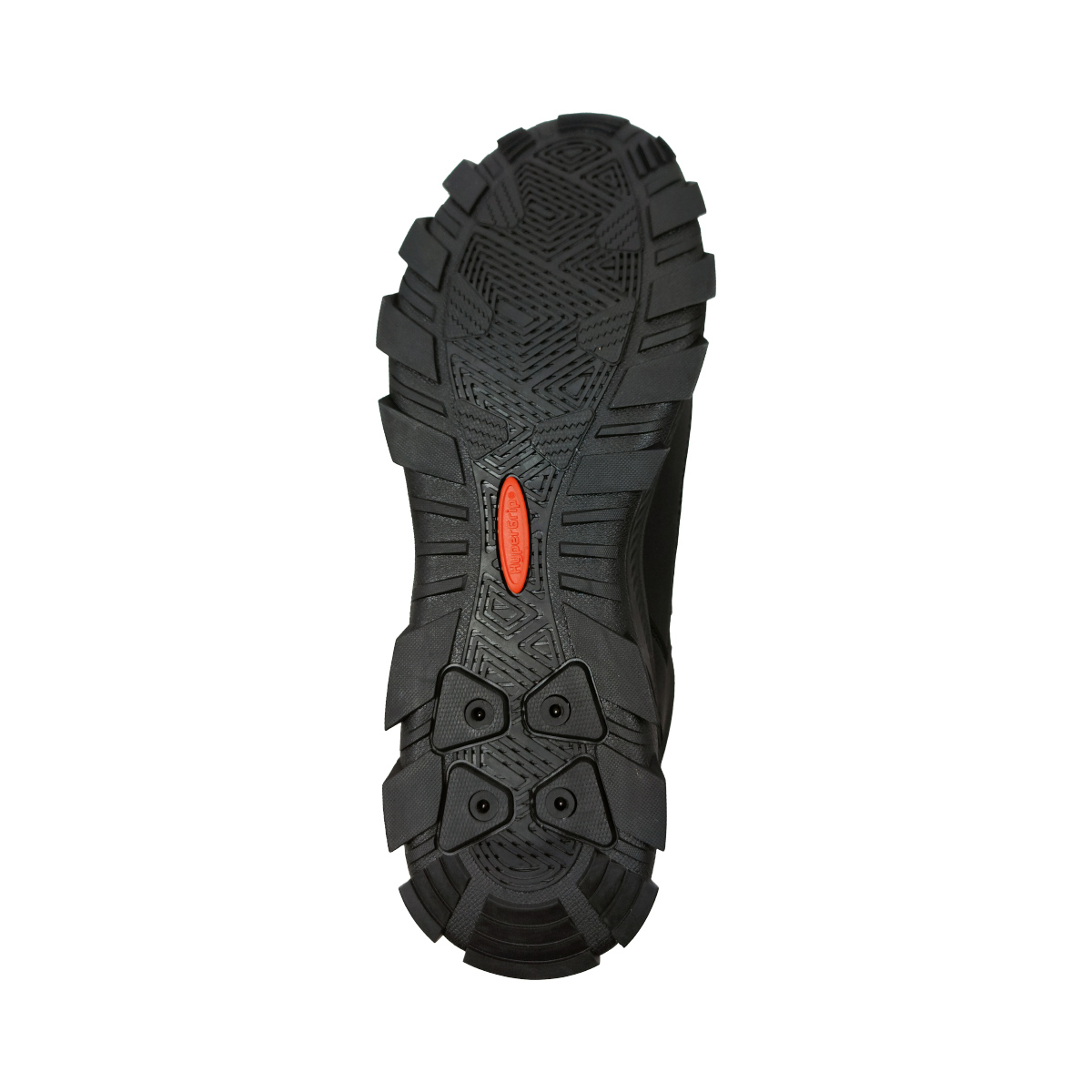 Die Sohle eines schwarzen Schuhs mit tiefem Profil und einem roten Hypergrip-Einsatz.