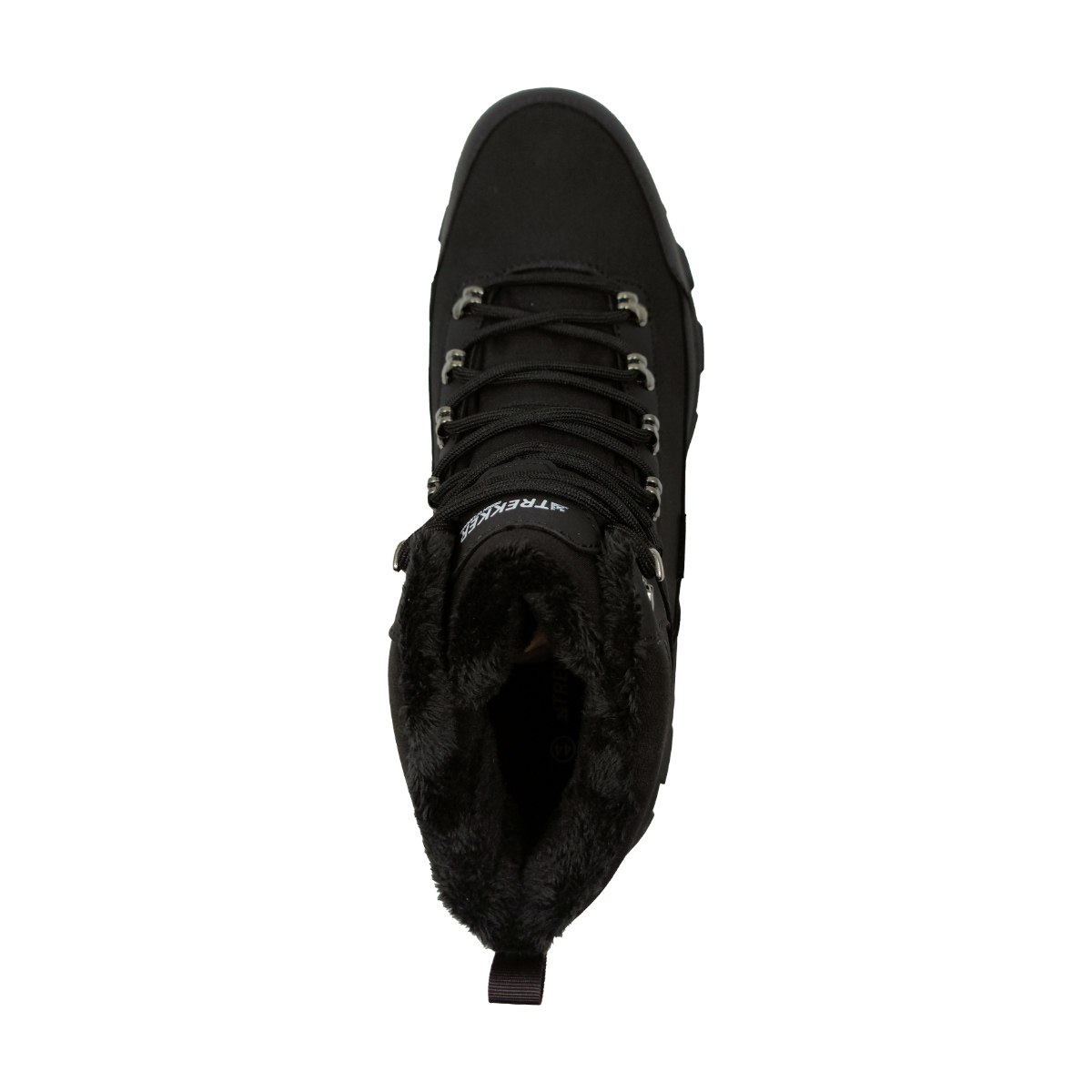 Schwarzer Schnürstiefel mit Fellfutter und dicker Sohle.