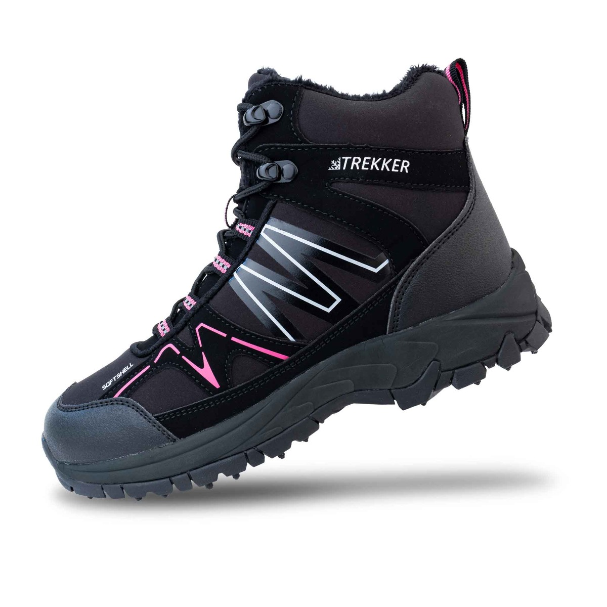 Schwarzer Wanderschuh mit rosa und weißen Akzenten, Marke TREKKER.