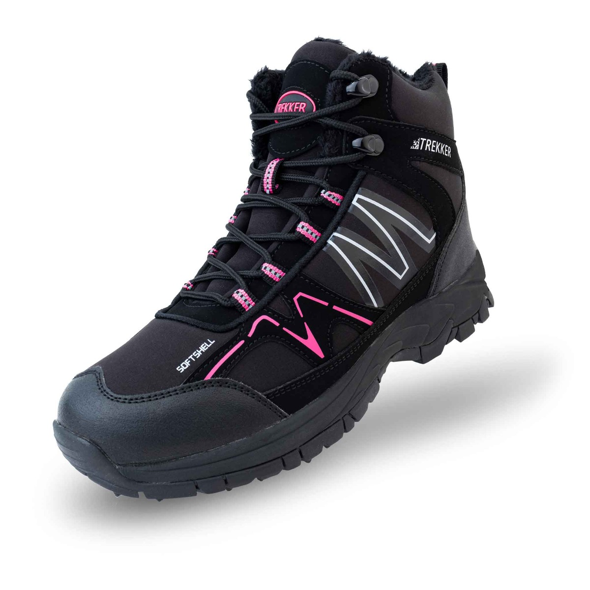 Schwarzer Wanderschuh mit pinken Akzenten, Schnürsenkeln und Futter.