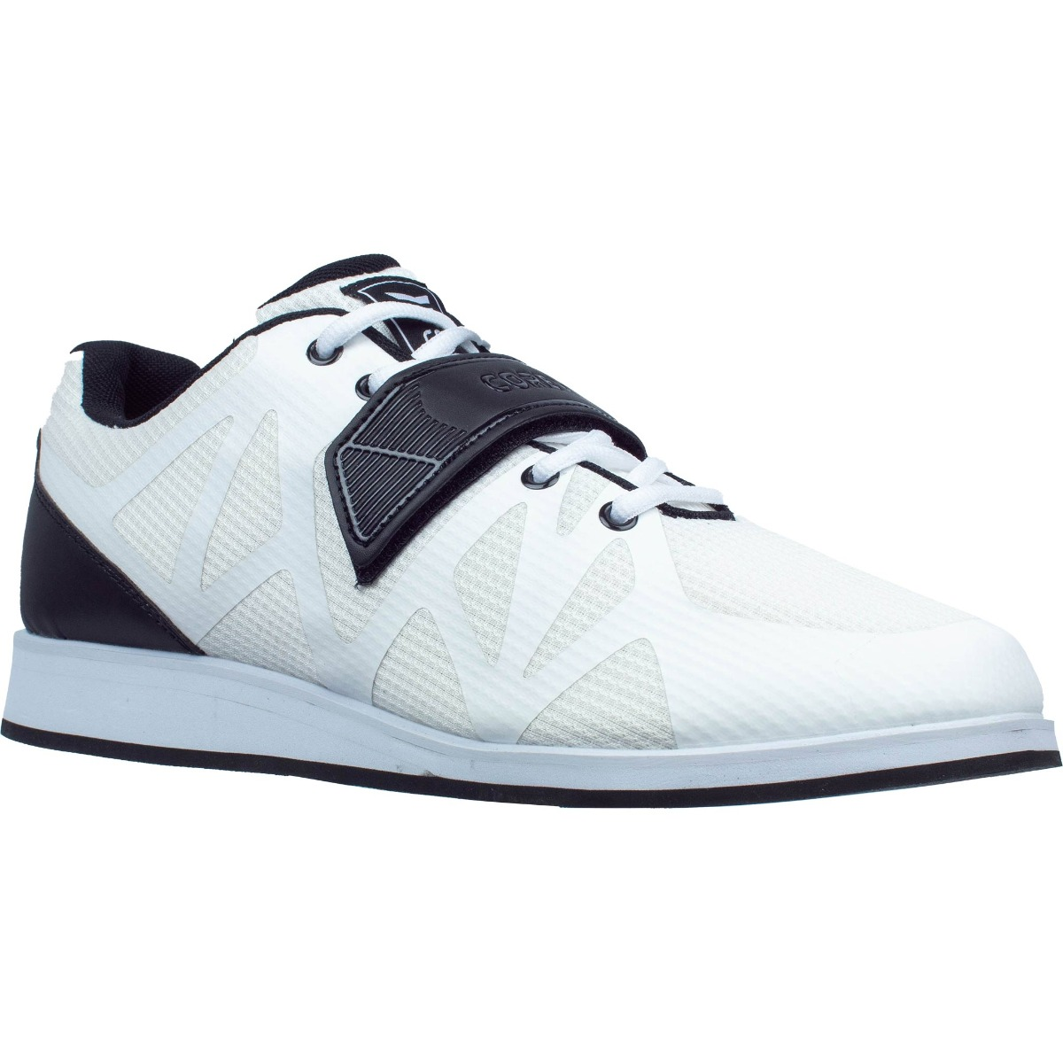 Ein weißer Gewichtheber-Schuh mit schwarzen Akzenten und Klettverschluss.
