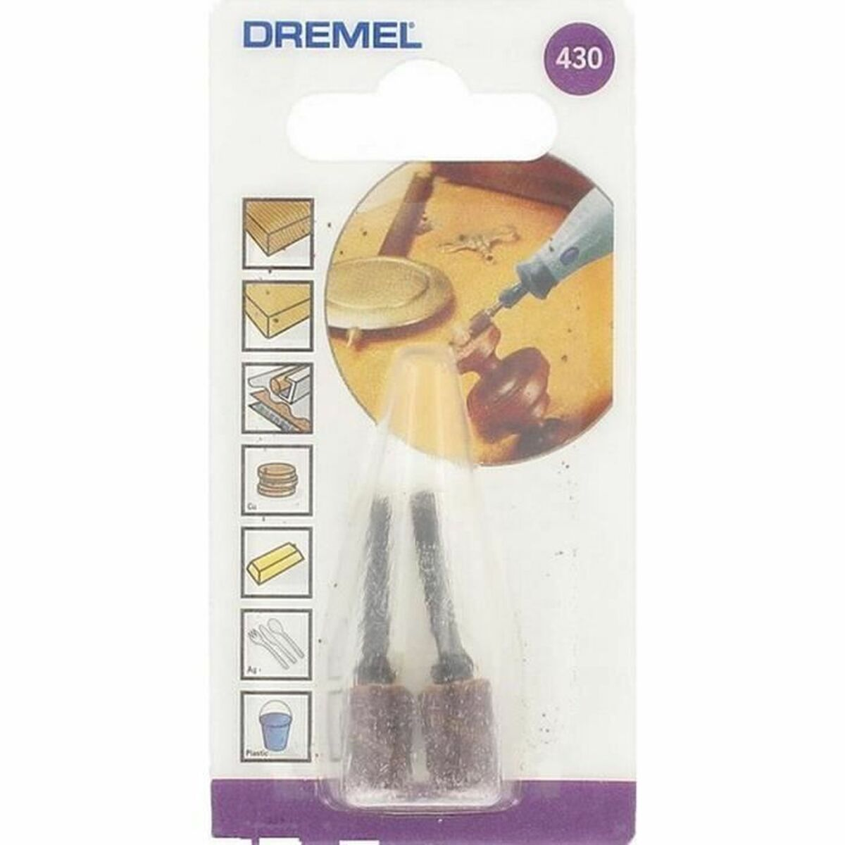Dremel-Verpackung mit zwei Schleifaufsätzen und Anwendungshinweisen.