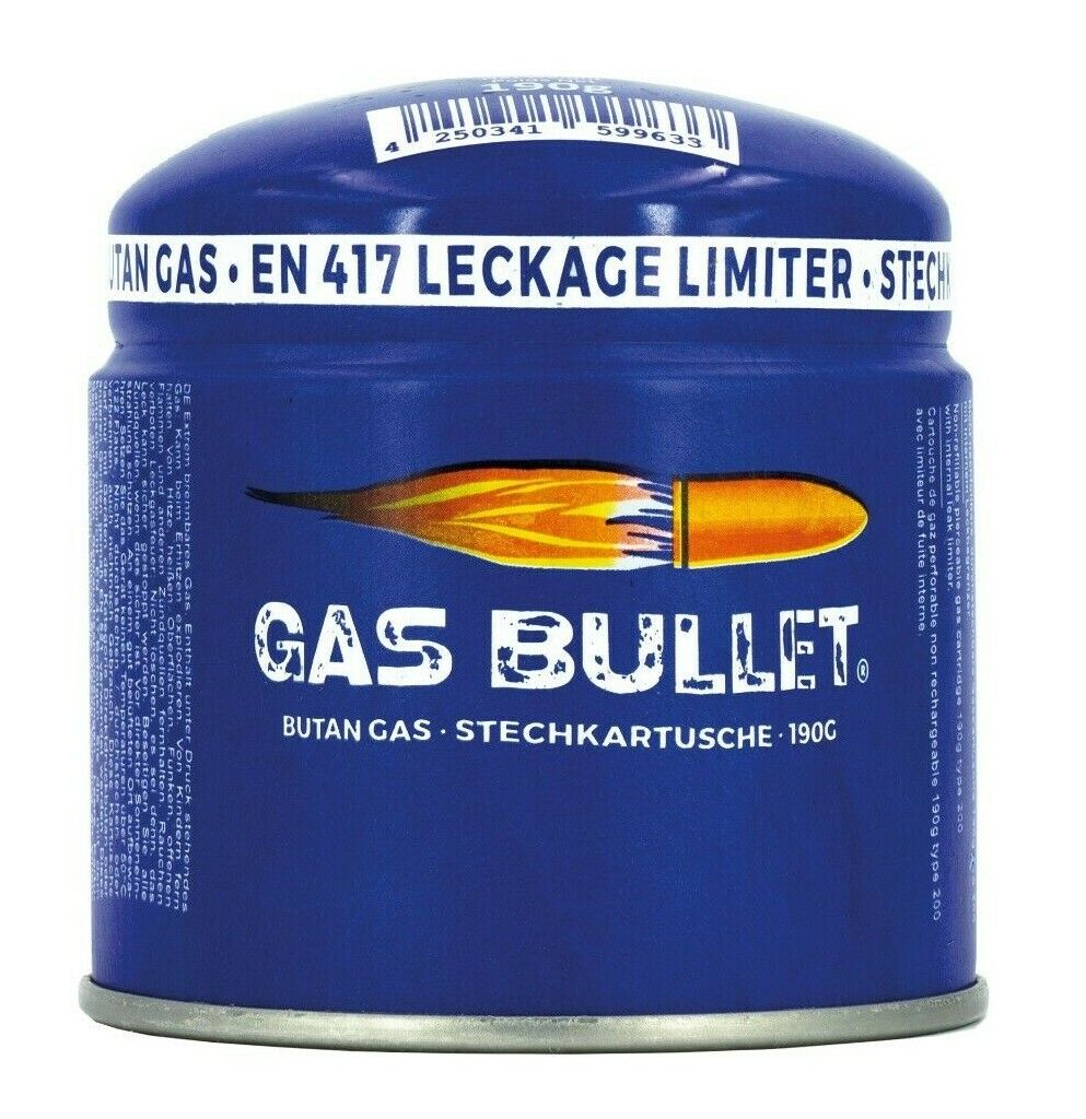 Blaue Gaspatrone mit der Aufschrift "GAS BULLET" und einem Bild einer Flamme.