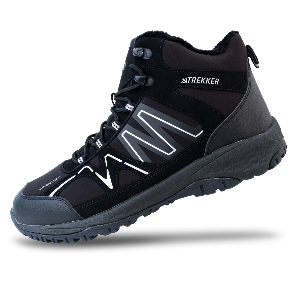 Schwarzer Trekkingstiefel mit weißem Logo und Schnürsenkeln, wasserabweisend.