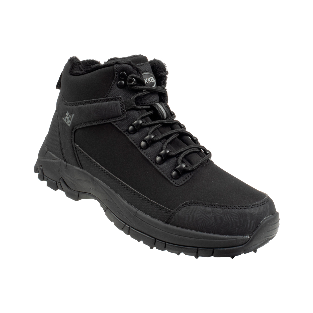 Schwarzer Winterstiefel mit Schnürung und Fellfutter, KKB-Logo auf der Seite.