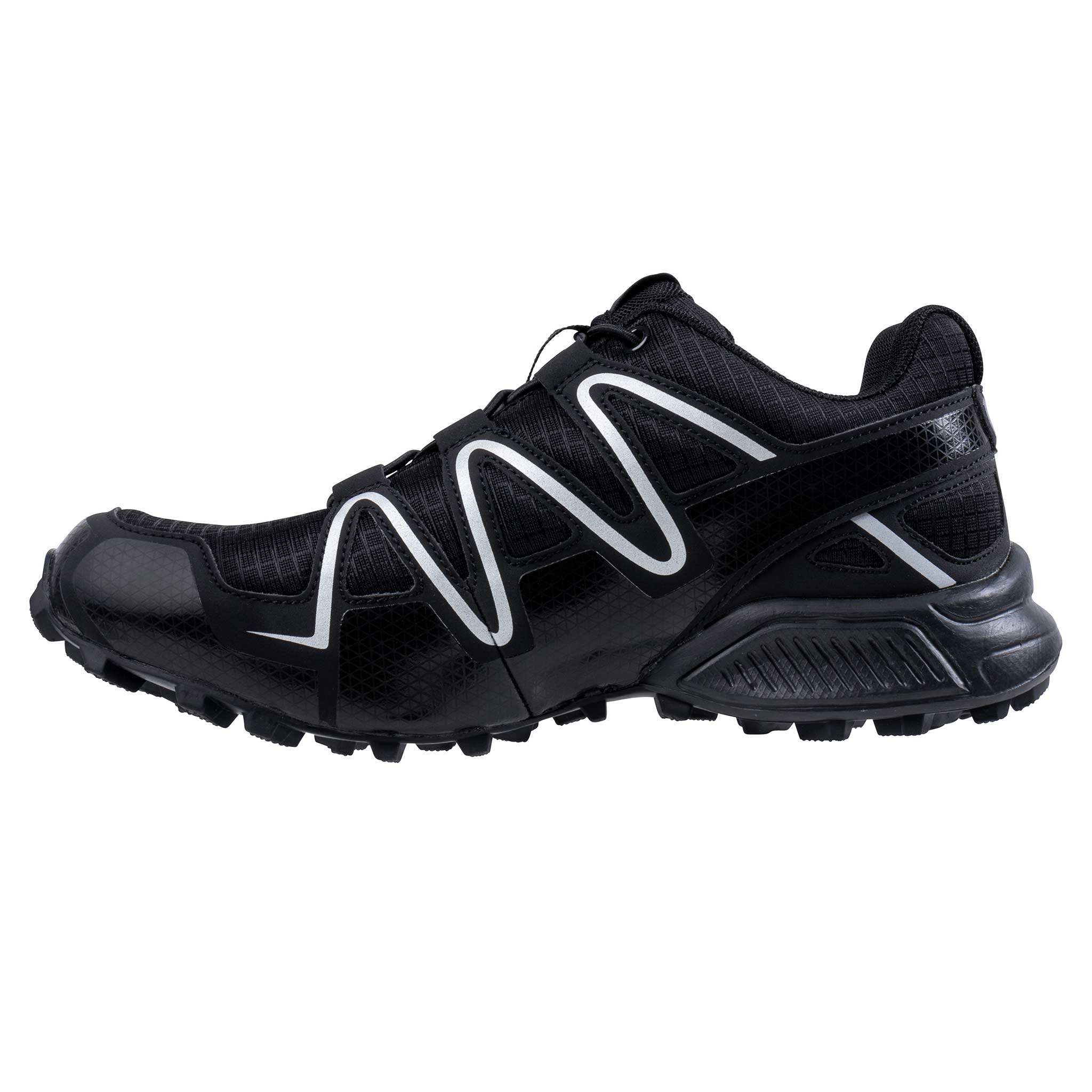Schwarzer Laufschuh mit weißem Zickzack-Muster und Profilsohle.