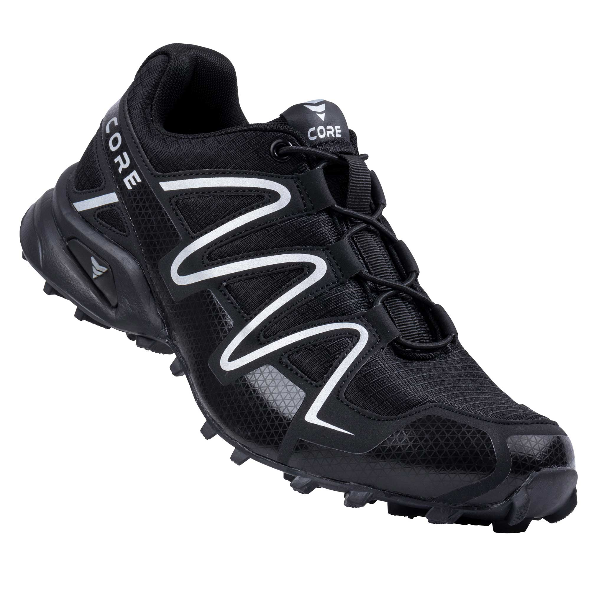 Schwarzer Laufschuh mit weißen Akzenten und Schnürung.