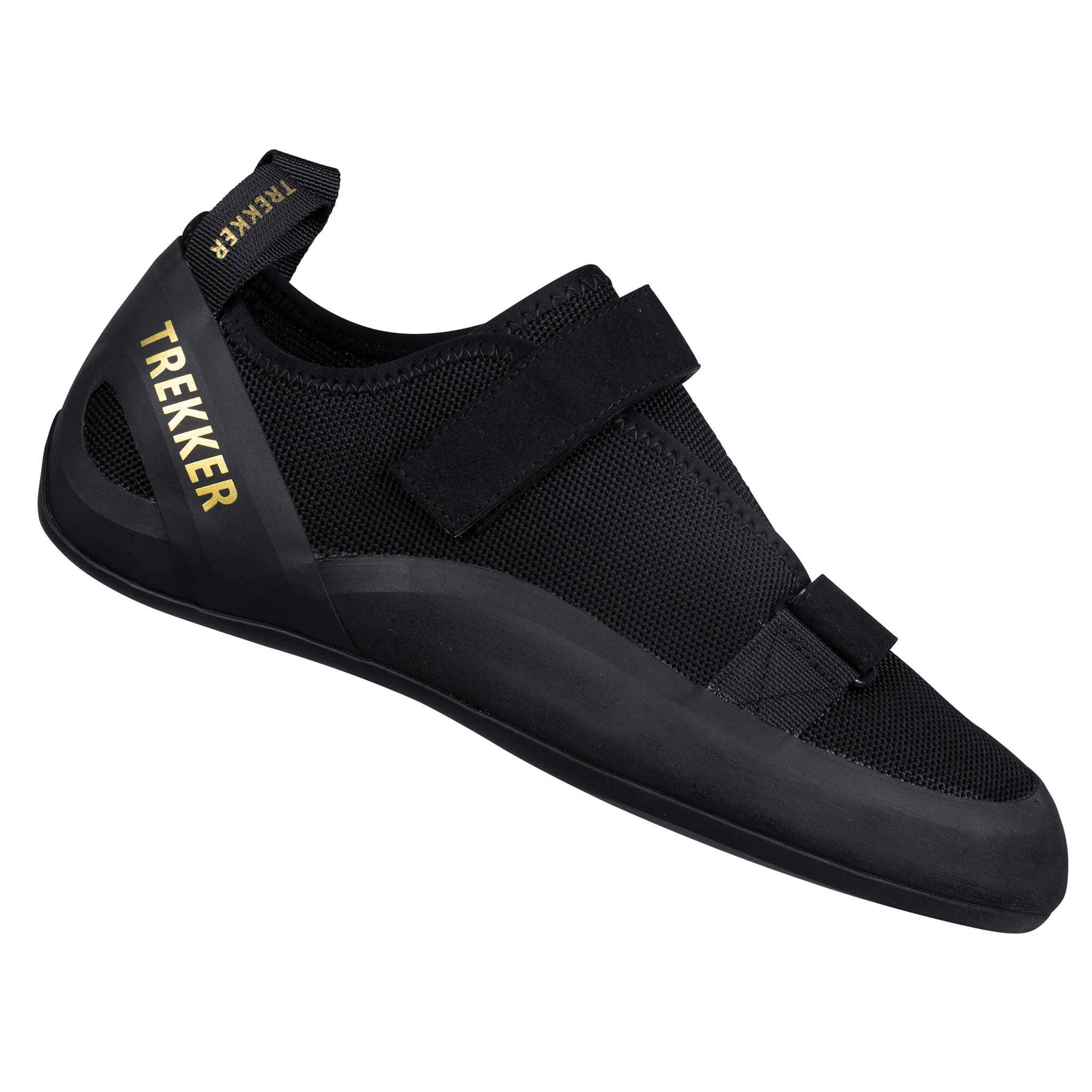 Ein schwarzer Kletterschuh mit Klettverschluss und goldenem 