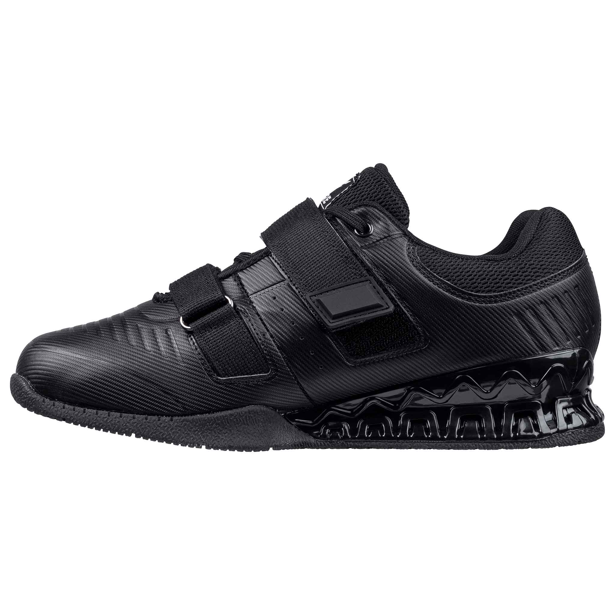 Ein schwarzer Gewichtheber-Schuh mit Klettverschlüssen und einer dicken Sohle.