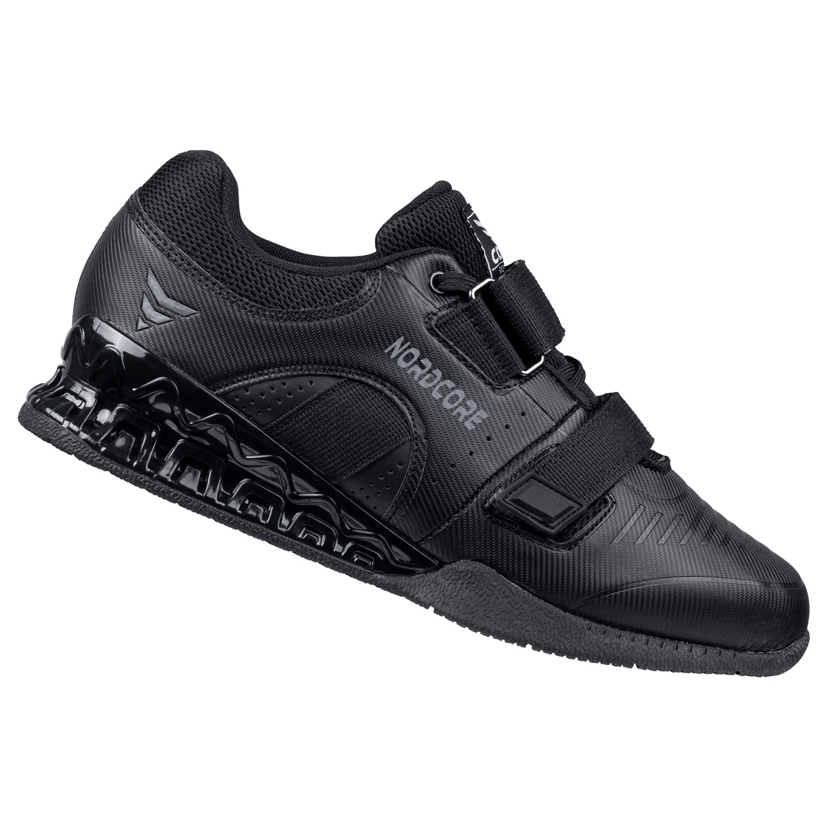 Ein schwarzer Gewichtheber-Schuh mit Klettverschluss und dicker Sohle.