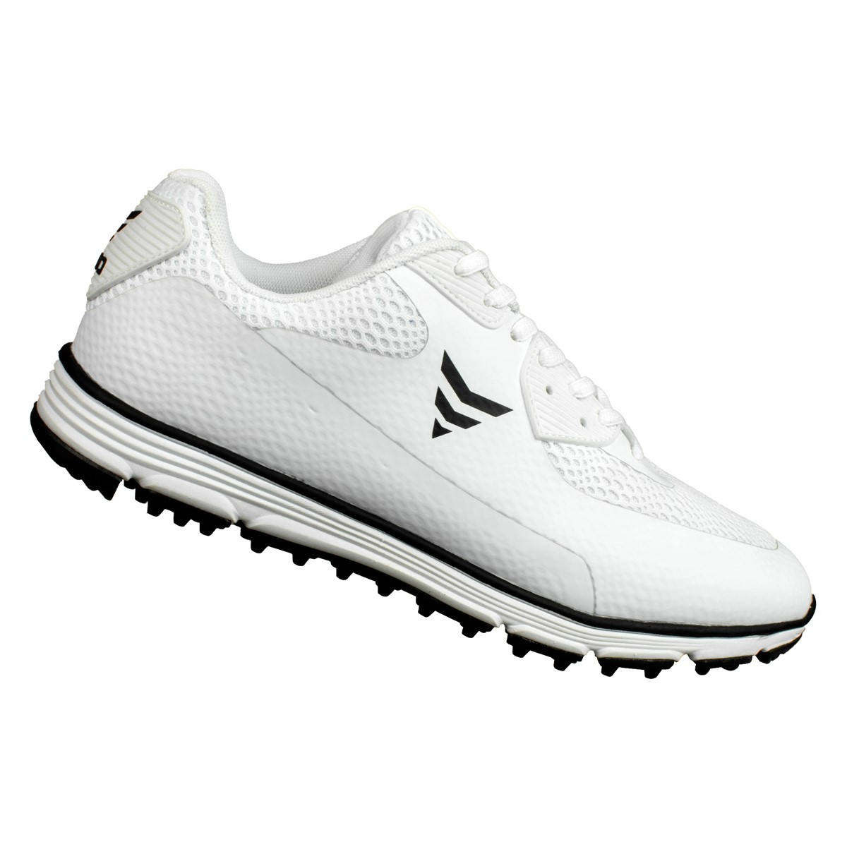 Ein weißer Golfschuh mit schwarzer Sohle und schwarzem Logo.