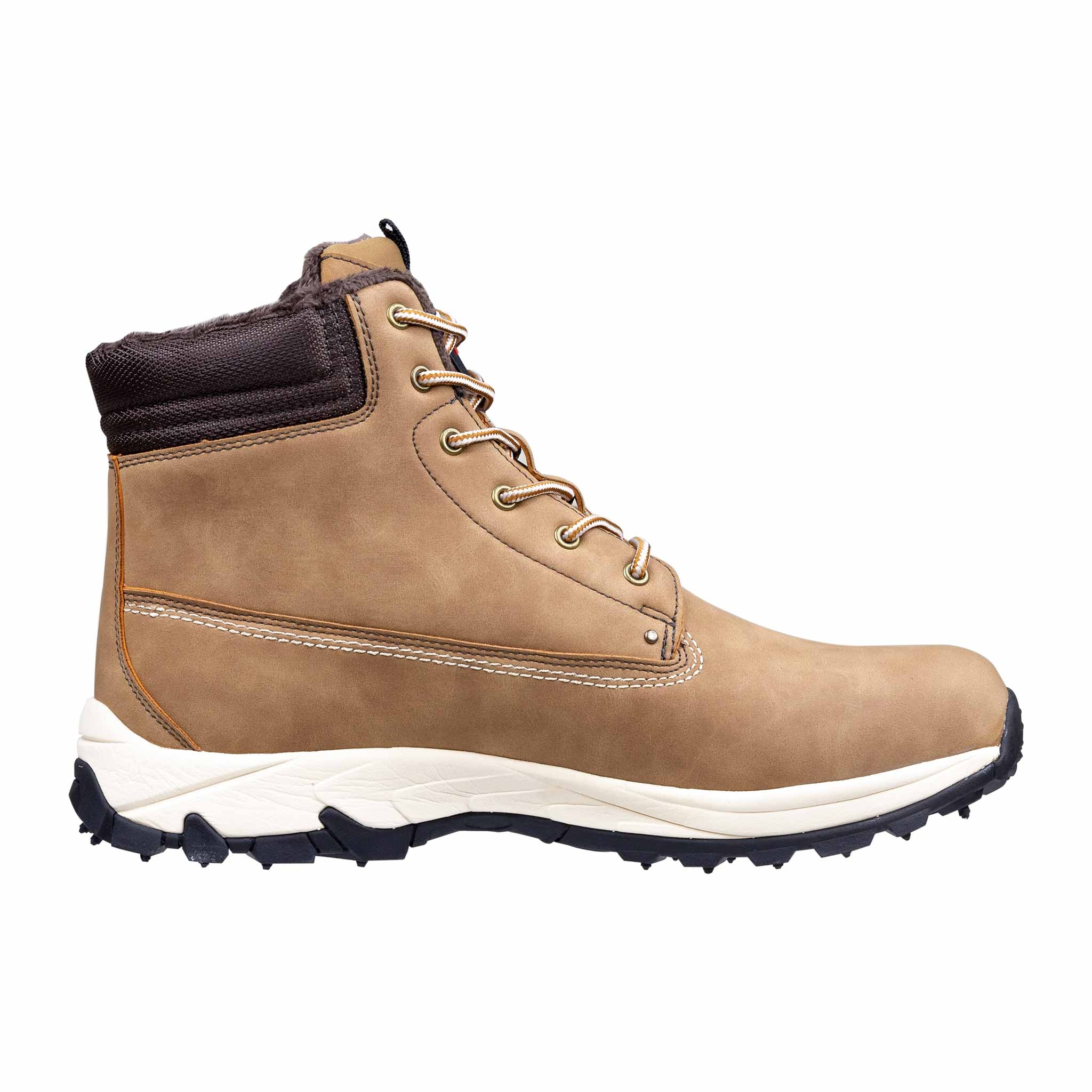 Brauner Schnürstiefel mit weißer Sohle und schwarzem Profil.
