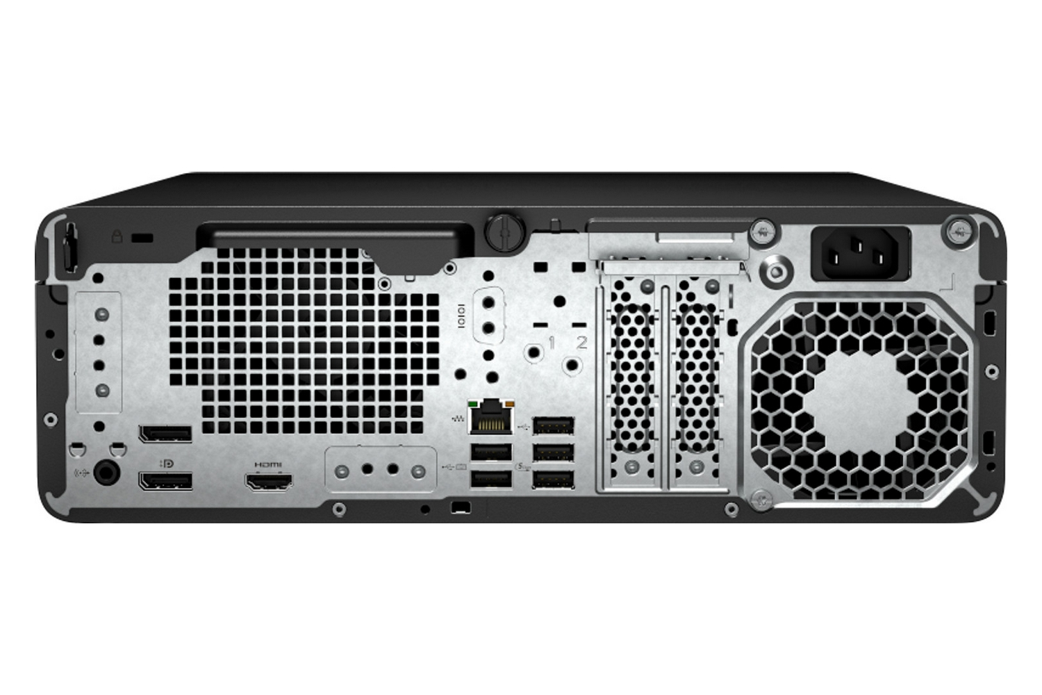 Vista posteriore di un computer nero che mostra porte: USB, HDMI, Ethernet e alimentazione.