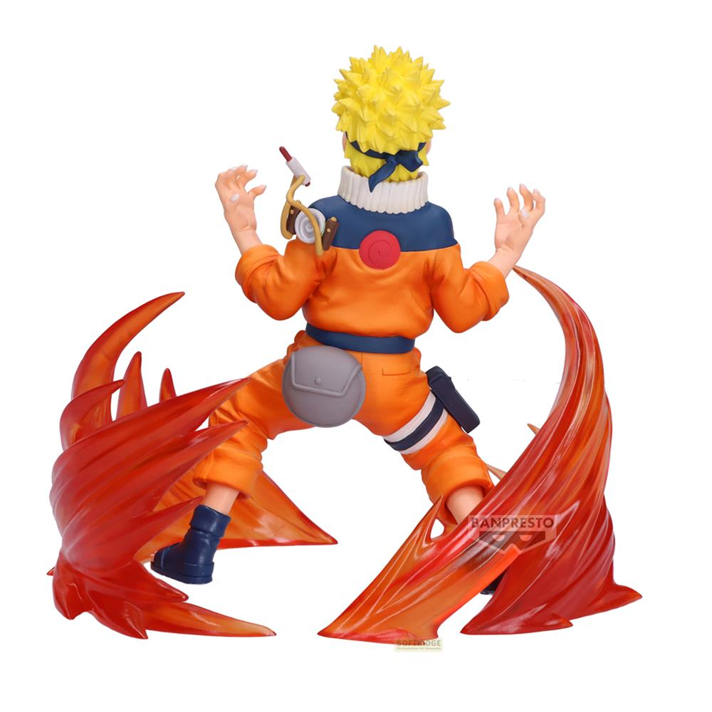 Una figura di Naruto in abiti arancioni con effetti fiammeggianti.