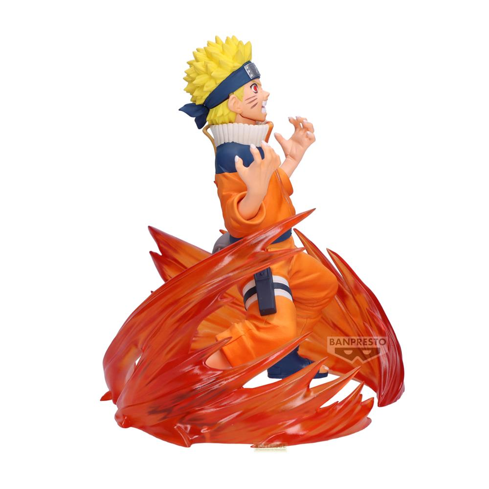 Statua di Naruto con capelli gialli e outfit arancione su base infuocata.