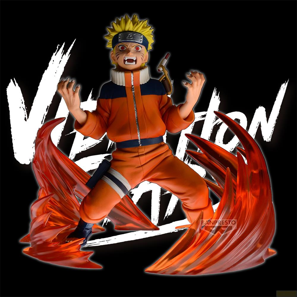 Statua di Naruto in tenuta arancione con effetti di fuoco rossi e sfondo nero.