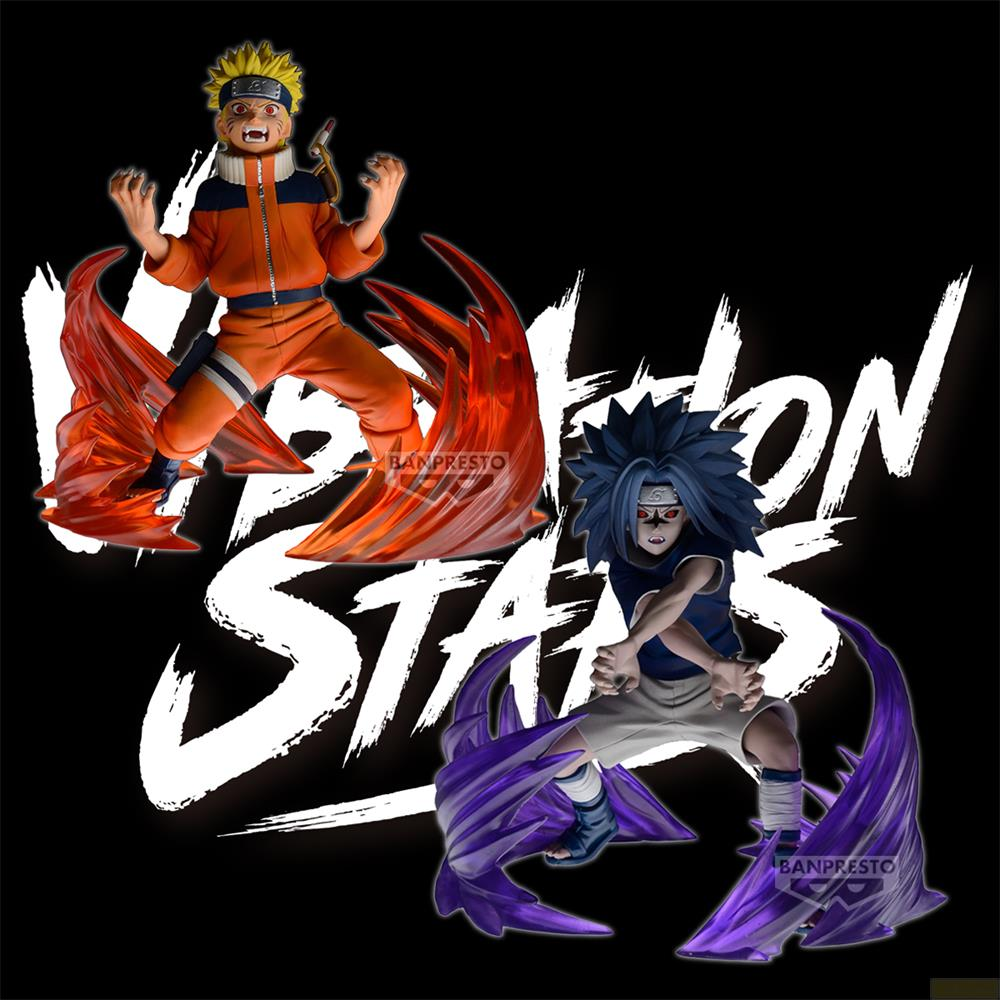 Due figure anime, Naruto e Sasuke, posano con le loro abilità su sfondo nero.