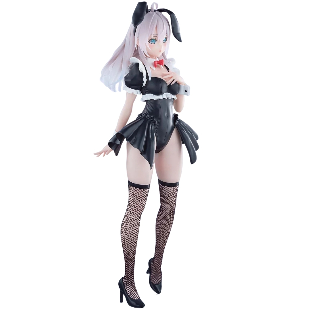 Figura de chica anime con pelo rosa, orejas de conejo y traje negro.