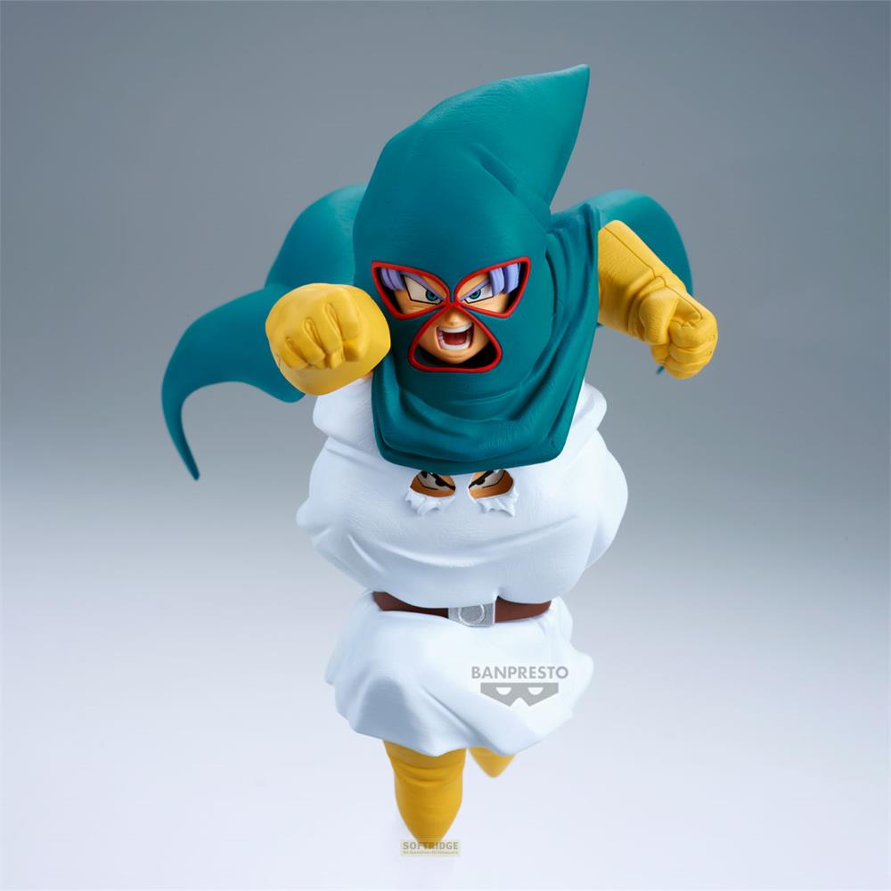 Una figura con mantello con cappuccio turchese, occhiali rossi e vestiti bianchi.