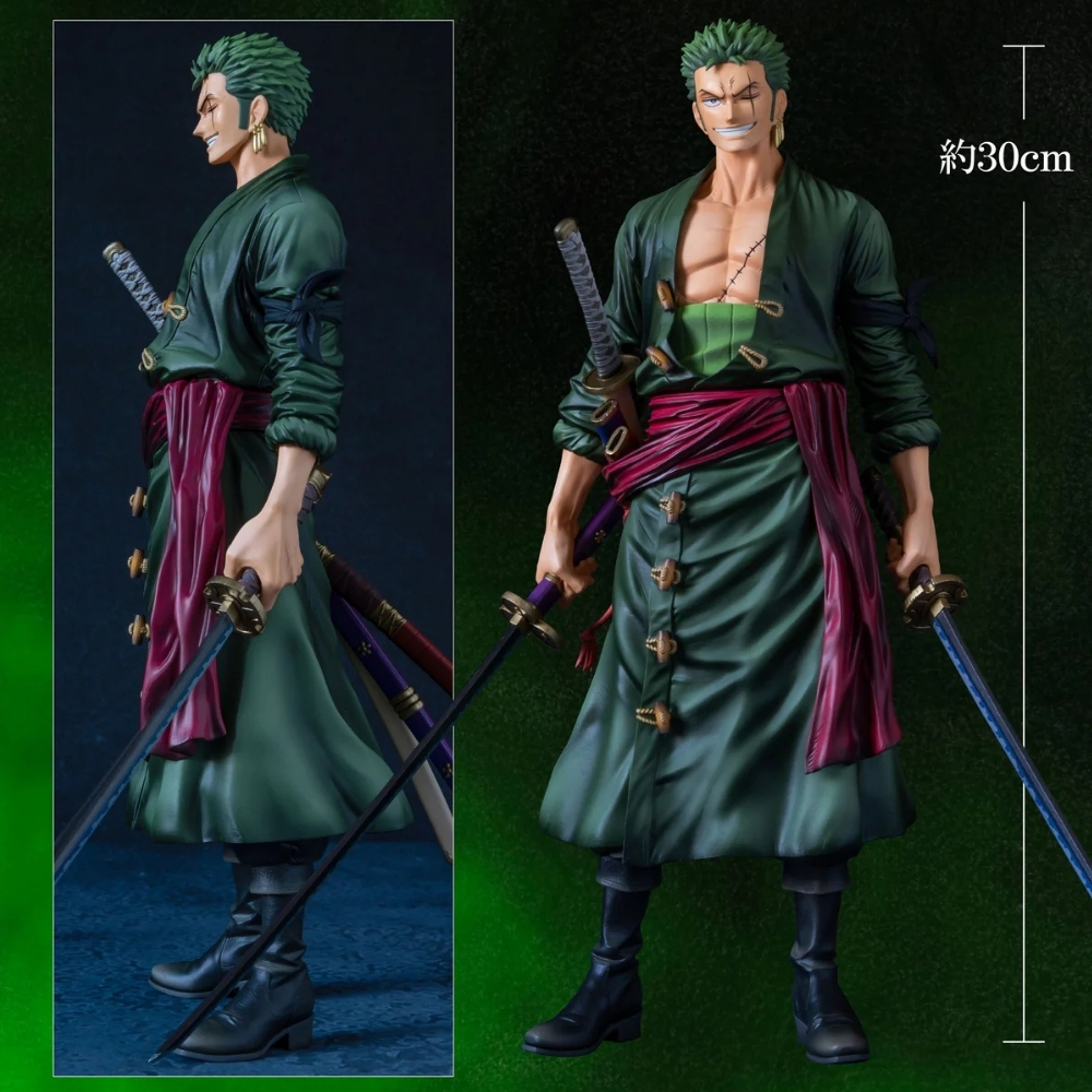 Una figura di Zoro che tiene tre spade, vestito con abiti verdi.