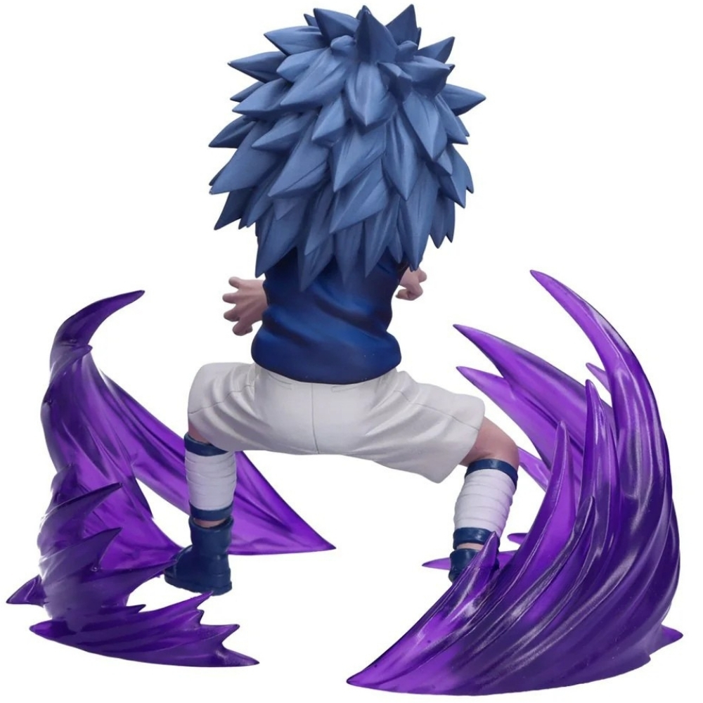 Una figura con capelli blu, top blu e pantaloni bianchi circondata da energia viola.