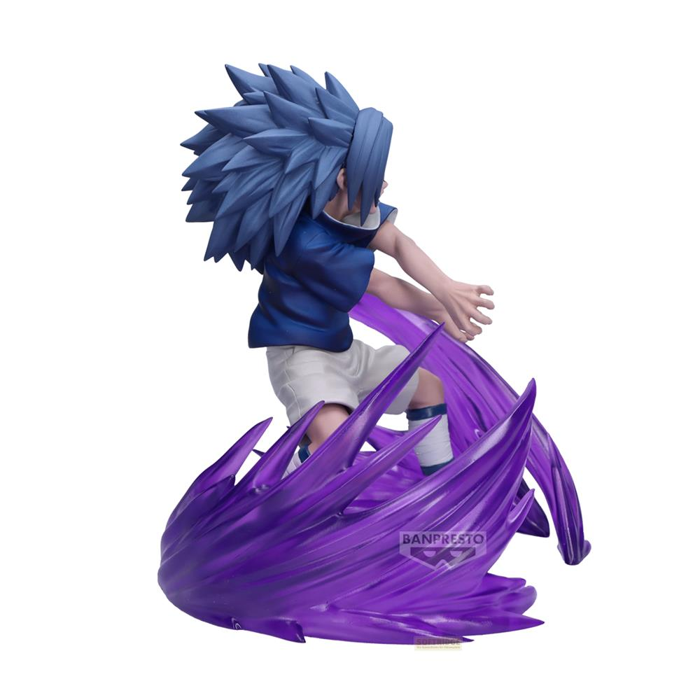 Una figura di Sasuke con capelli blu, che crea energia viola.