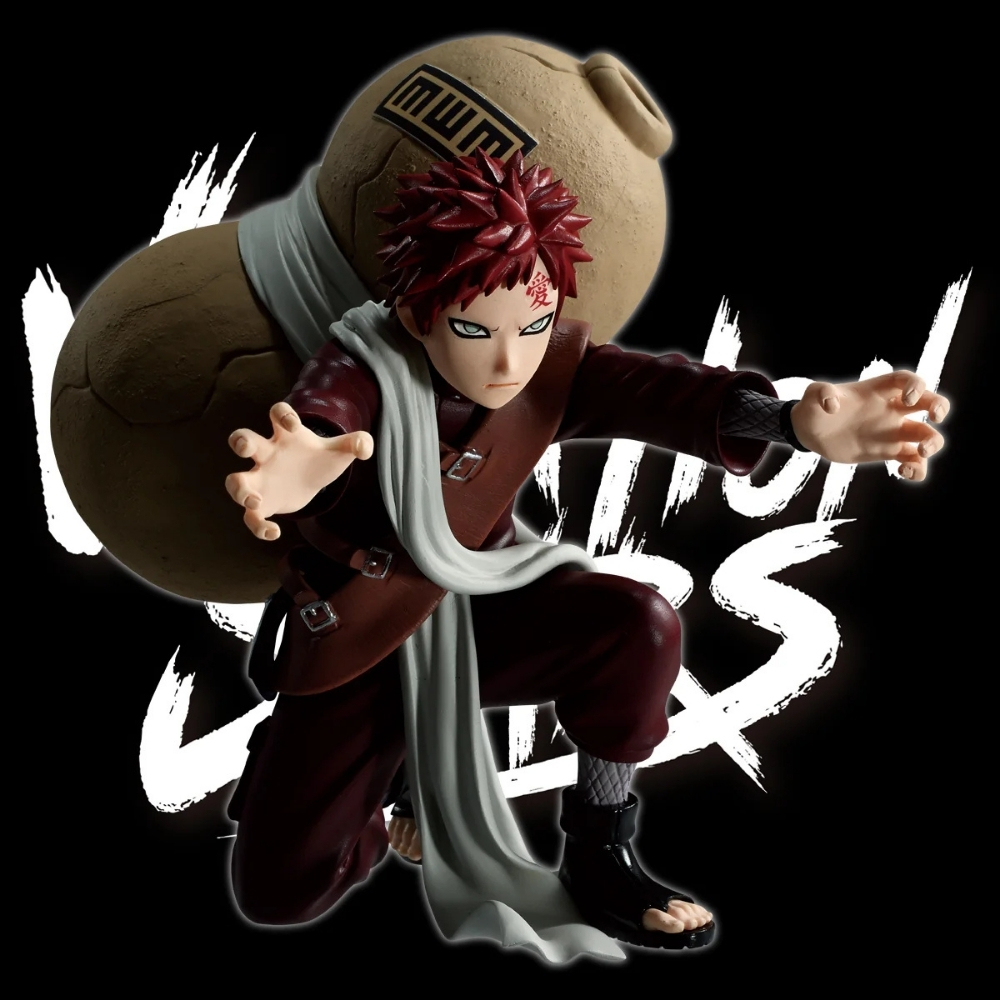 Una figura di Gaara in ginocchio con una zucca sulla schiena. Sfondo nero.